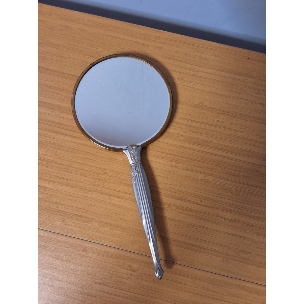 Vintage Hand Mirror Embroidered Metallic Gold. 12" GVC
